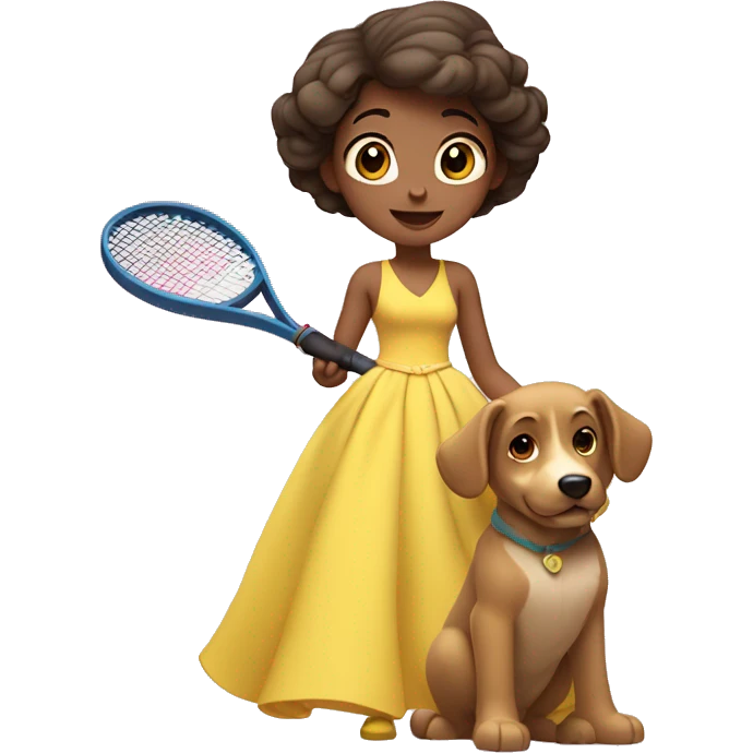 Disney princess in a yellow gown with a dog and a tennis racket emoji