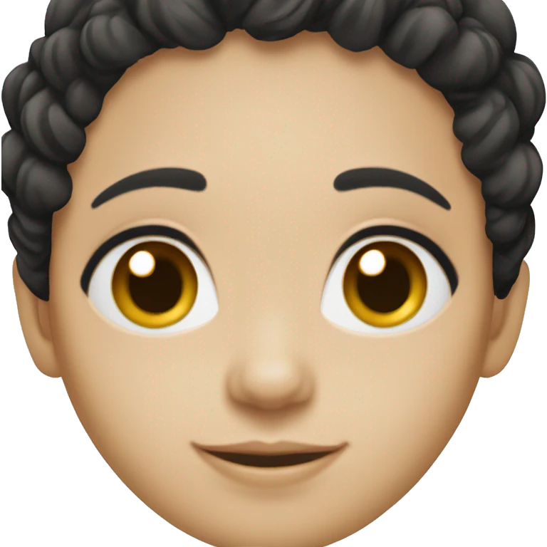 Brazilian woman, white skin, pixie black hair, happy smile, almond black eyes emoji