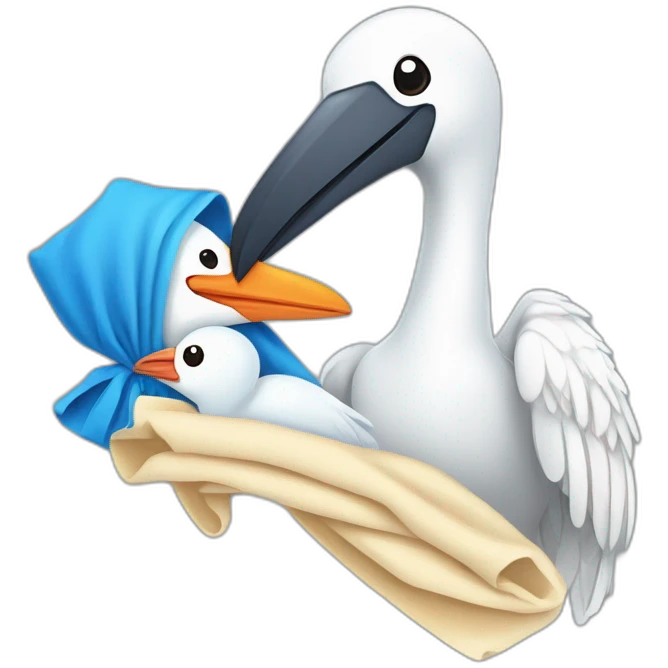 White stork carrying a blue bundle of cloth in its beak that has a human baby with dark hair and the baby head is peeking from the fabric bundle the strok is carrying with its beak emoji