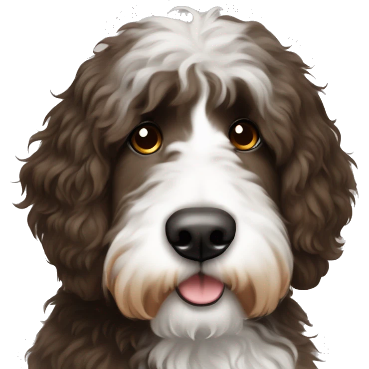 Bernedoodle with fringe over eyes dark brown with white in the cent emoji