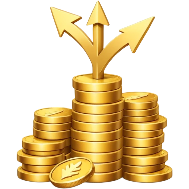 upward arrow beside a small stack of gold coins, financial growth symbol emoji