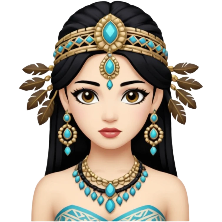 Une danseuse de tribal fusion, à la peau blanche et à la chevelure noire. Prends inspiration de Rachel Brice ou de Kira Lebedeva. emoji