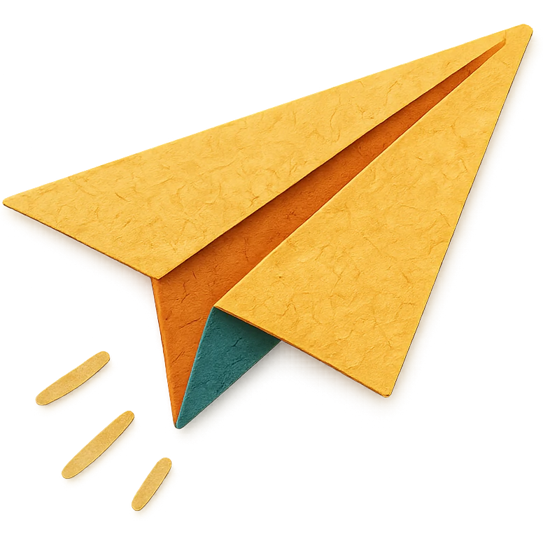 Create a hand-drawn style paper airplane with no background, transparent PNG, in a detailed and artistic paper craft style. emoji