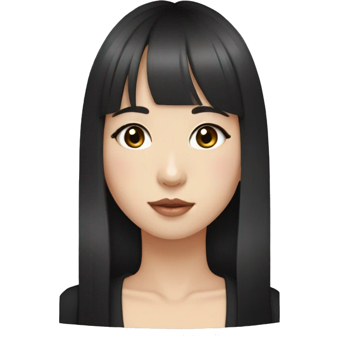 Korean girl, black hair, black eyes, long hair, hime cut, blunt bangs, small silver hoop earrings emoji