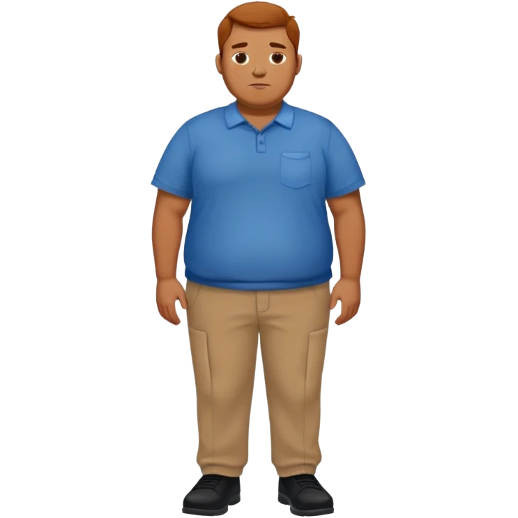 A man in a blue shirt, brown pants, and black shoes, overweight and with freckles. emoji