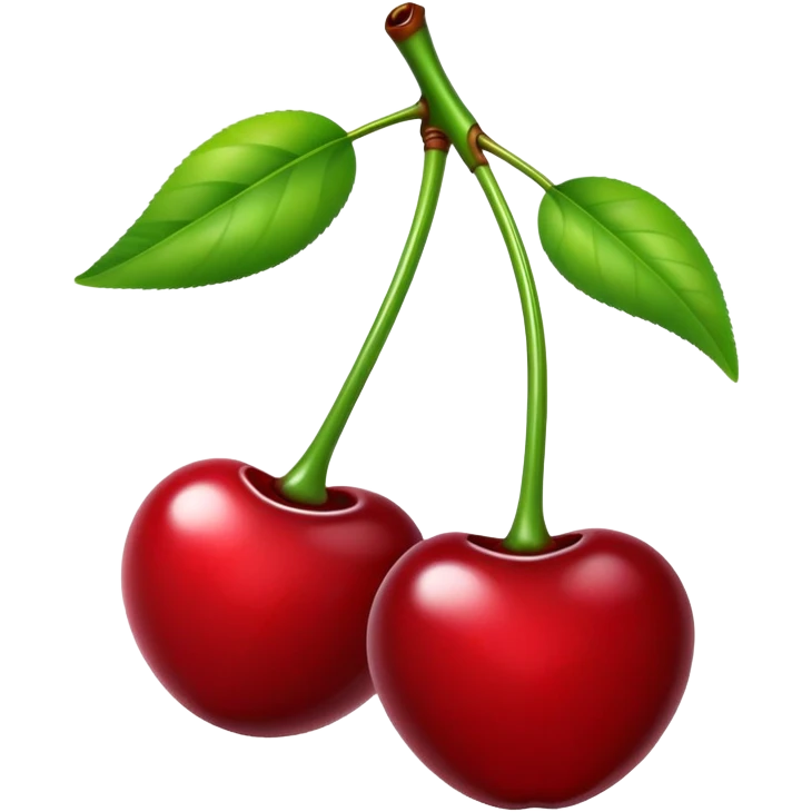 Pair of glossy red cherries with green stem, fruit emoji