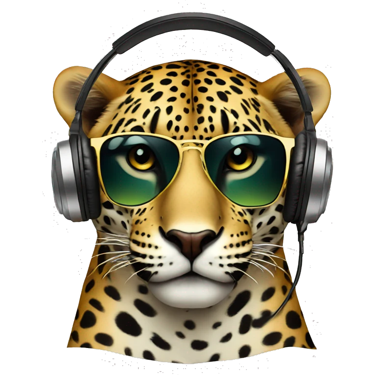 handsome jaguar dj, emoji head, looking forward, wearing cool sunglasses, wearing over-ear headphones on top of head emoji