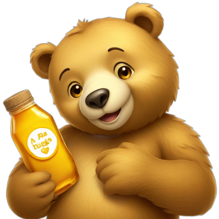 A bear hugs an honey bottle on honey symbol  with love emoji