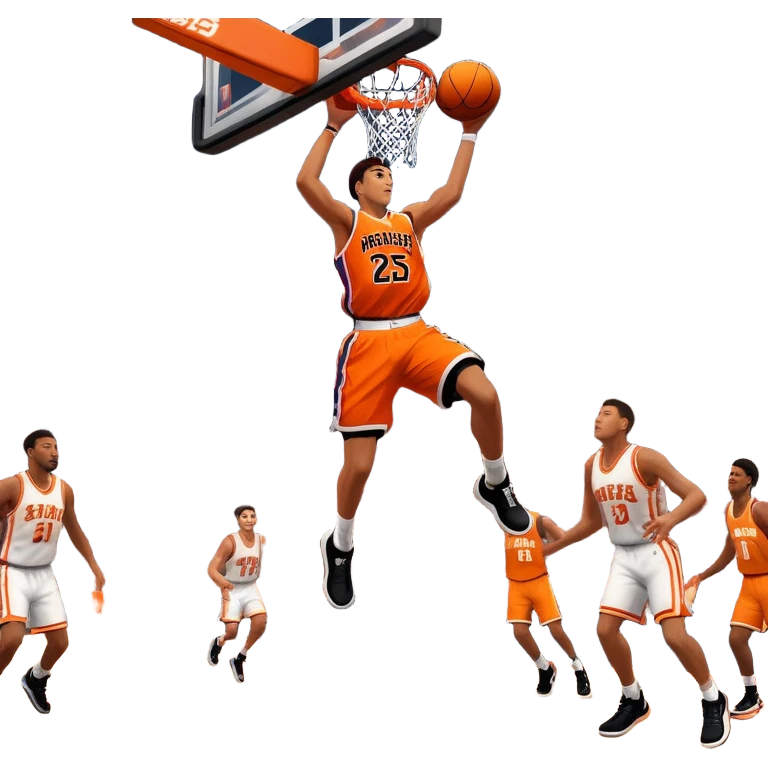 An icon showing a basketball court with players in action, inspired by NBA 2K25. A player jumps for a dunk, the ball mid-air, surrounded by a vibrant basketball arena with cheering fans and bright lights. Transparent background emphasizes the intense atmosphere emoji