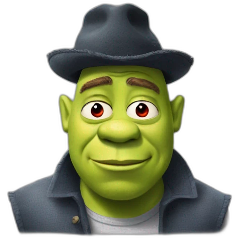 Shrek as rick astley with sic eyes and a Red hat emoji