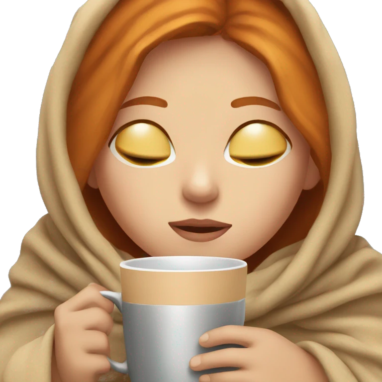 girl with Ginger hair inside a blanket sipping coffee eyes closed emoji