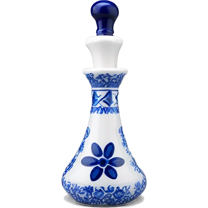 The Clase Azul Tequila bottle is tall and hourglass-shaped, with a wide base that tapers towards the neck. Its white ceramic body is decorated with cobalt blue floral designs, and it’s topped with a complete gray, bell-shaped stopper that curves inward  emoji