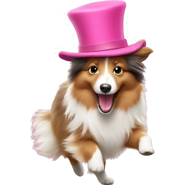Shetland sheepdog wearing a pink hat and dancing emoji