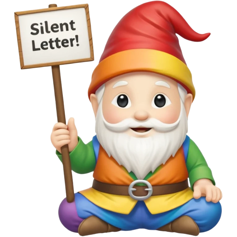 A zen rainbow garden gnome, holding a sign reading "Silent Letter Day, who's with me?” emoji