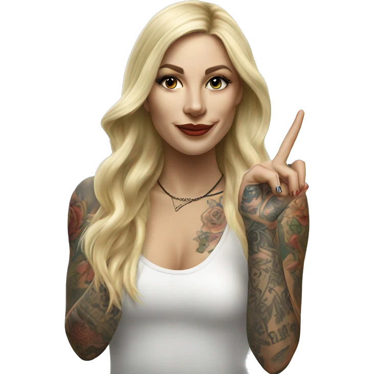 Blonde elegant women with LONG HAIR, her Body Covered with Tattoos, POINTING YOU FORWARD with her HAND with INDEX FINGER, Hyper Realistic emoji