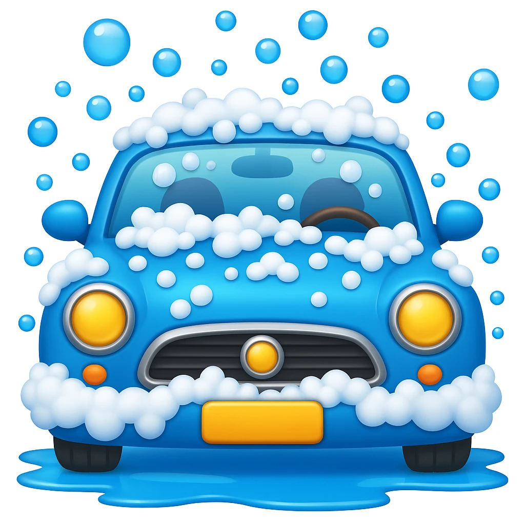Modify the blue car in the style of Apple emojis by adding more bubbles and showing a wide puddle of water on the ground beneath it. The style should reflect the look of Apple emojis. emoji