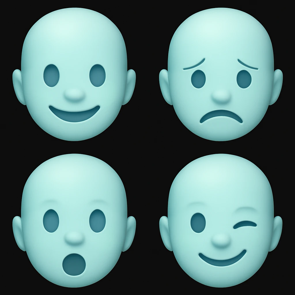 Create four new light blue emoji variants maintaining the emoji style and light blue color, but with different facial expressions. The style should resemble the original emoji style shown in the reference images. emoji