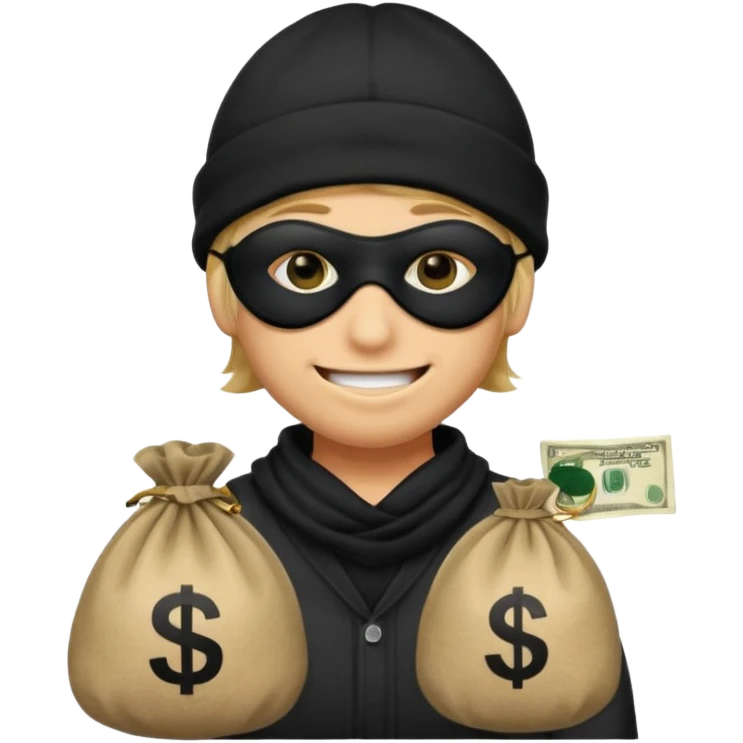 smiley robber wears black eye mask and black beanies with one money bag beside his right side emoji