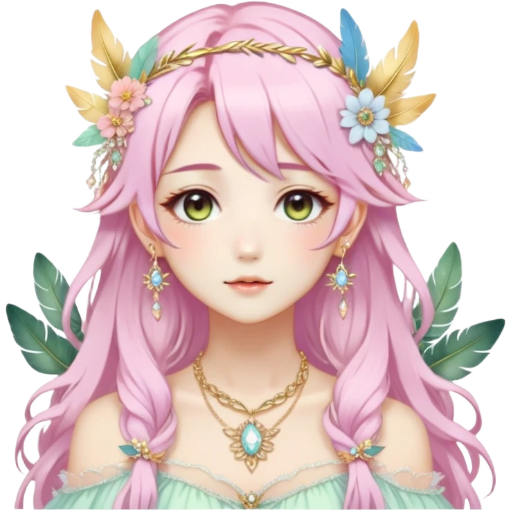 Beautiful gorgeous anime lady with beautiful pastel-special-hair, fashion aesthetic, ethereal, fairycore, pastelcore, feather, flower, crystals, accessories, gold jewelries, gold, colorful, gold laurel, gold halo, cottagecore,  emoji