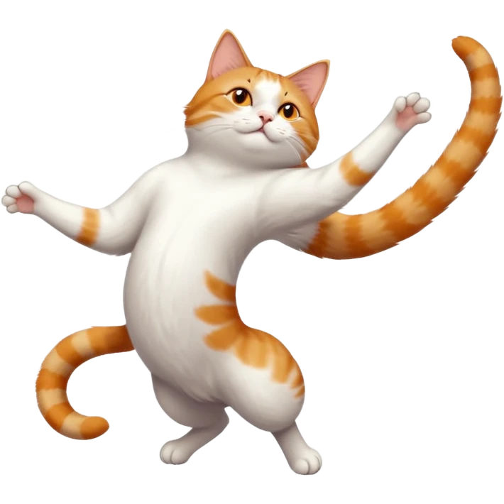 ginger and white cat with orange eyes doing a big extremely long stretch reaching up into the air with arms and legs side by side together straight and overextended whilst lying on its side emoji