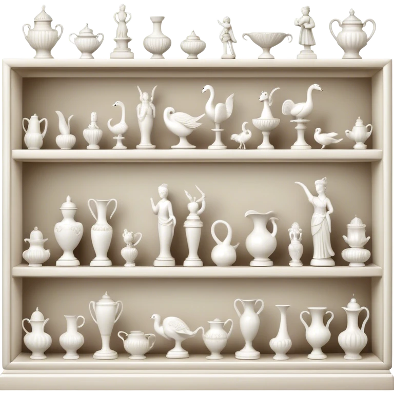 Icon for Porcelain Figurine Collecting: a collection of delicate porcelain figurines, such as animals, dancers, and historical characters, displayed on a shelf or in a display case. The icon should convey the elegance and artistry of collecting porcelain statues. Transparent background. emoji
