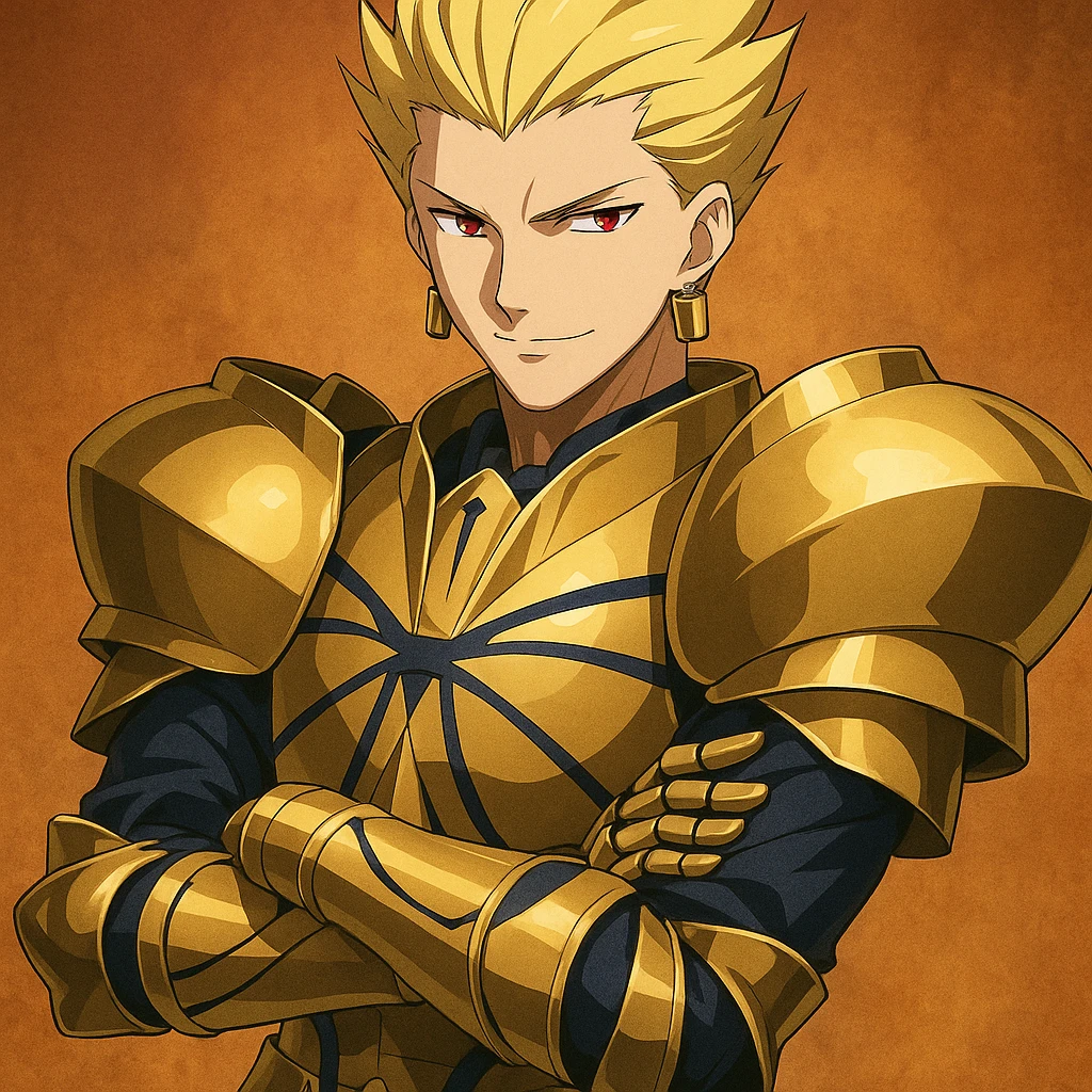 Gilgamesh from Fate anime, golden armor, spiky blond hair, confident expression, anime style emoji