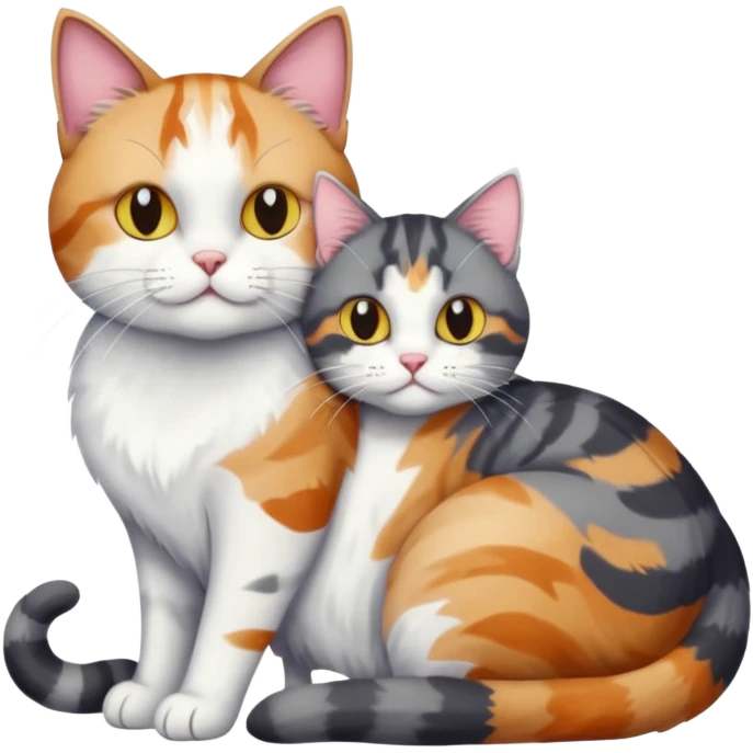 full body colourful light patched calico + white tabby cat cuddling a bigger cat that is dark grey and white tabby cat  and they are in love emoji