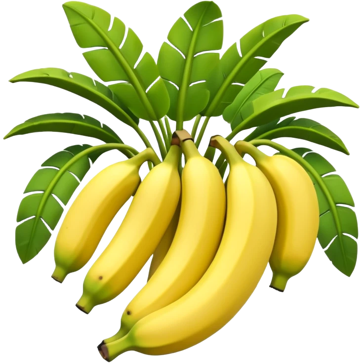 A 3D cartoon banana plant with large green leaves and a bunch of bananas growing downward, natural lighting, Memoji-style. emoji