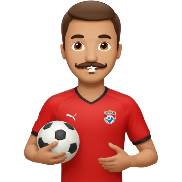 man soccer player red jersey with mustache holding soccer ball emoji