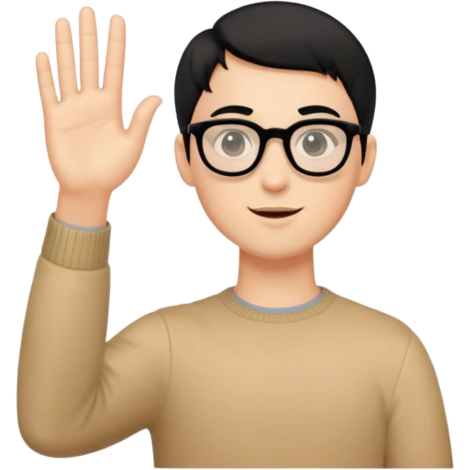 Ragazzo con capelli corti neri, carnagione chiara, occhiali neri, occhi a mandorla che saluta emoji