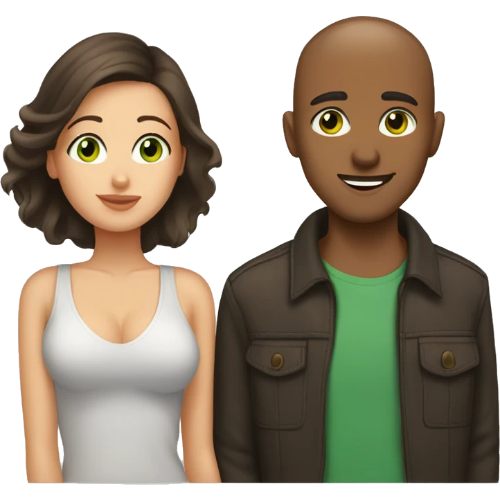 Buzz cut brown hair guy with green eyes kissing woman with dark brown hair and brown eyes emoji