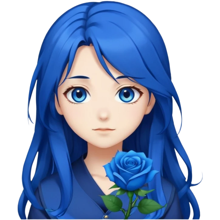 anime girl with long dark blue hair, blue rose in hair, bright blue eyes, cute anime face, anime emoji style emoji