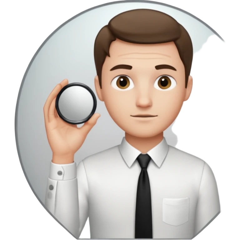A man looking into a mirror holding his hand. He should be facing the mirror. He should be wearing a white dress shirt and a black tie. emoji