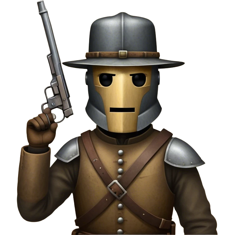Cinematic Realistic Ned Kelly Portrait Emoji, depicted as the legendary Australian bushranger in his iconic homemade iron helmet and armor, gripping a revolver with a defiant stance. The scene is rendered with gritty textures and dramatic, shadowed lighting, evoking the lawless frontier and his rebellious, fearless legacy. emoji