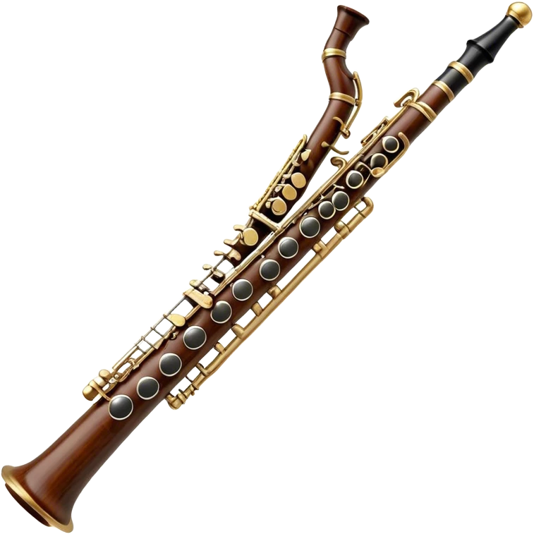 Create a detailed and elegant emoji depicting an oboe. The design should include a thin cylindrical black oboe body with intricate keys visible along its entire length. A small cane, typical for this instrument, should be visible in the upper part. Use rich wood tones with silver or brass inserts on the keys to emphasize the high quality of oboe performance. Add subtle musical notes surrounding the instrument to emphasize its expressive, melodic sound. The background should be transparent. emoji