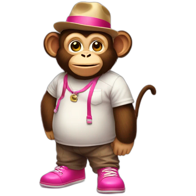 Monkey with hat glazzes a shirt and pants and pink shoes and a rubes cube in hes hand and is fat emoji