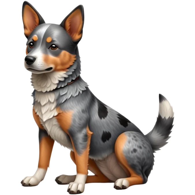 cinematic-[australian catle dog]-realistic-full-body-sitting-emoji,-tail-resting-loosely-beside-its-paws,-head-tilted-dramatically,-sleek-[australian cattle dog]-fur,-simplified-yet-realistic-focused-features,-highly-detailed,-glowing-with-an-almost-sarcastic-glow emoji