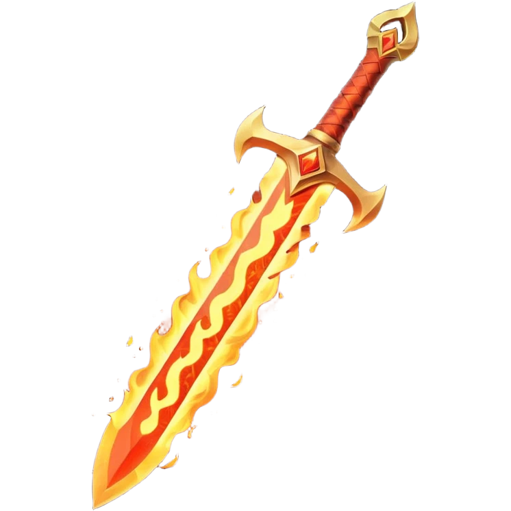 fire guardian sword object icon, flaming blade, glowing lava runes, ember sparks, fantasy weapon, 3D cartoon, mobile game icon style, centered, clean background, no text, no watermark
 emoji