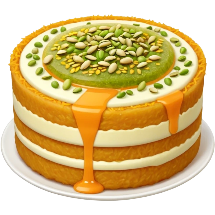 A small round emoji of traditional kanafeh with golden-orange crispy threads, a gooey white cheese center, and a light sprinkle of green pistachios. Warm and delicious-looking. emoji