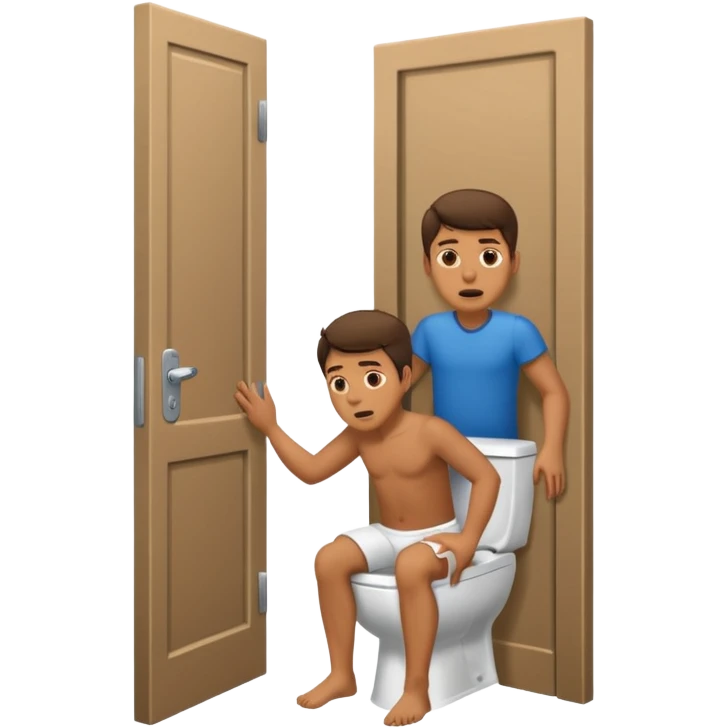Man using the toilet while the other man is banging on the door begging holding it emoji