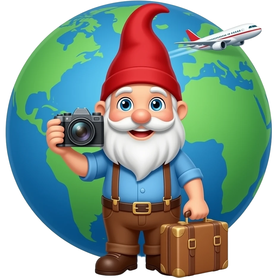 A smiling traveling Gnome with a camera, carrying a suitcase, wearing brown pants has a white beard , blue eye, blue shirt and a red pointed hair, suspenders and the world and plane in the background emoji