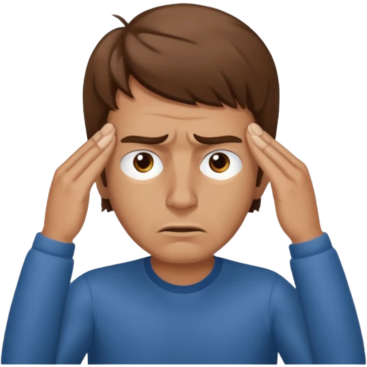  iOS emoji style - A stressed man stands and messages his temples. He has brown hair. Stress emoji