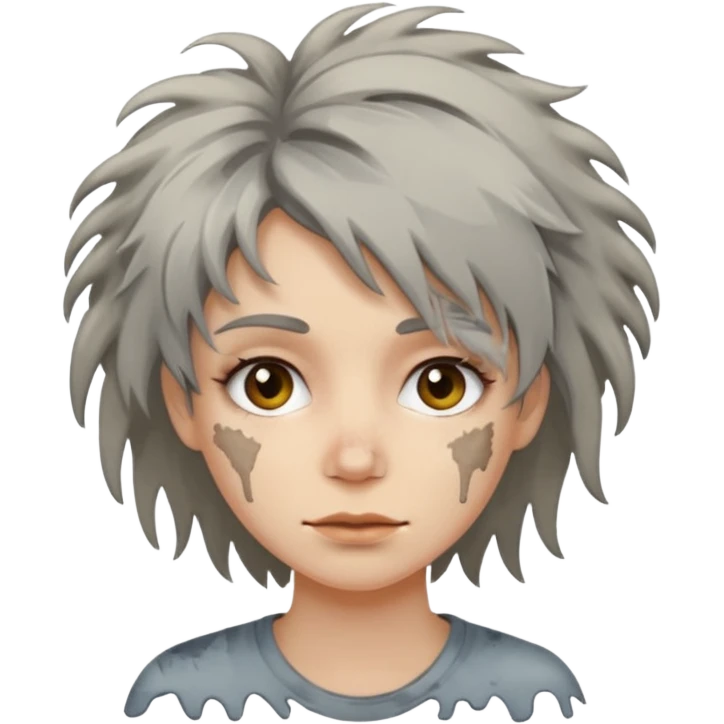 very dirty looking homeless woman very very dirty and smelly looking face only, not old with grey smudges everywhere and messy hair and lots of stains on face ugly,  emoji