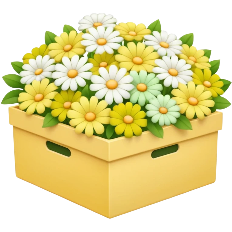 box full of yellow, white and green flowers. pastel colors emoji