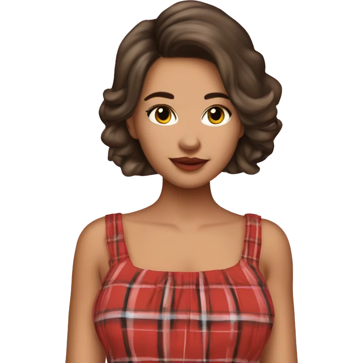 Pretty peach skin brunette woman with rosy cheeks in red plaid babydoll dress emoji