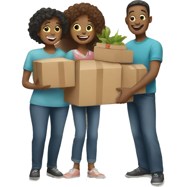 Happy family holding boxes outside of their house  emoji