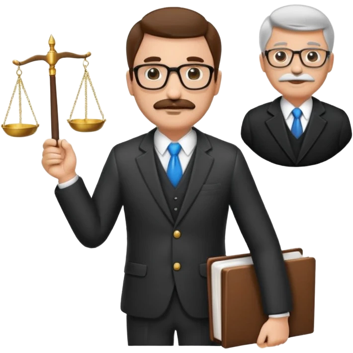“Create a clean, modern emoji-style illustration of a male lawyer. He is wearing a formal suit jacket. He is holding a judge’s gavel in one hand and has a law book tucked under his arm. He has a mustache and a short beard, and he is wearing glasses. emoji
