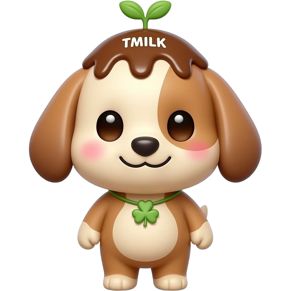 cute 3D chibi puppy, pudding-like body, creamy beige and caramel colors, glossy texture, big shiny eyes, blush cheeks, small smile, caramel hat with "TMILK" and green sprout, clover necklace, heart on belly, kawaii style, centered, soft lighting, high detail, transparent background, sticker, 512x512 emoji