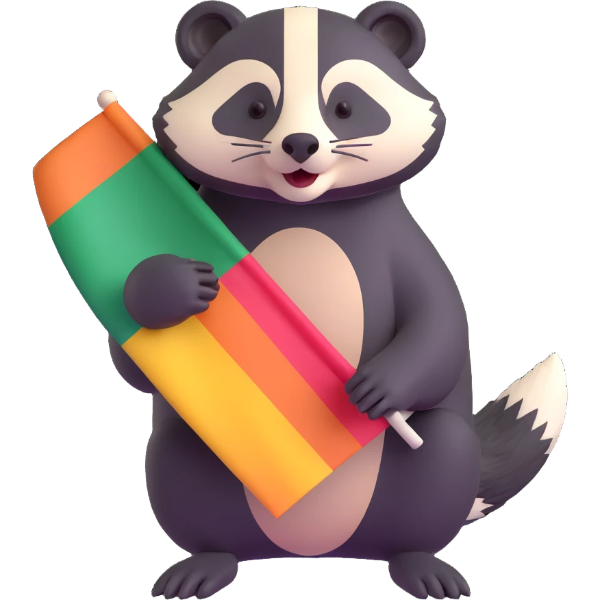 a stylized badger with fur in lesbian pride flag stripes, playful pose emoji