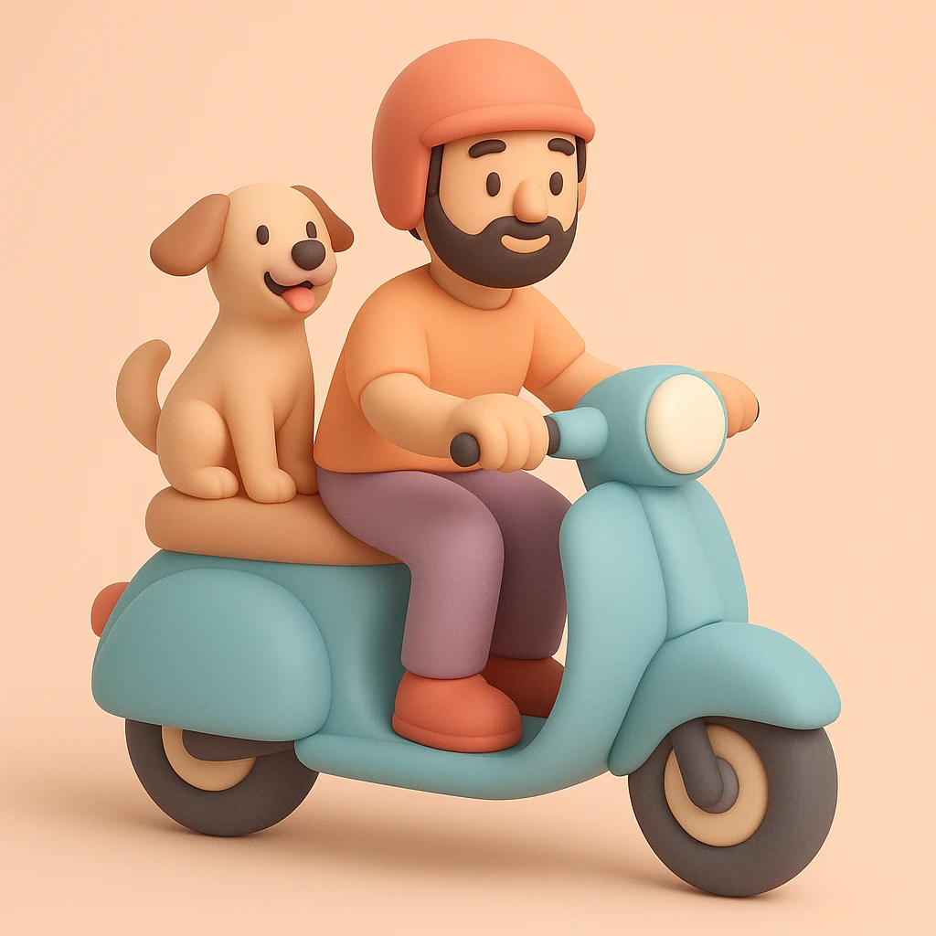 man and his pet dog riding a vespa emoji